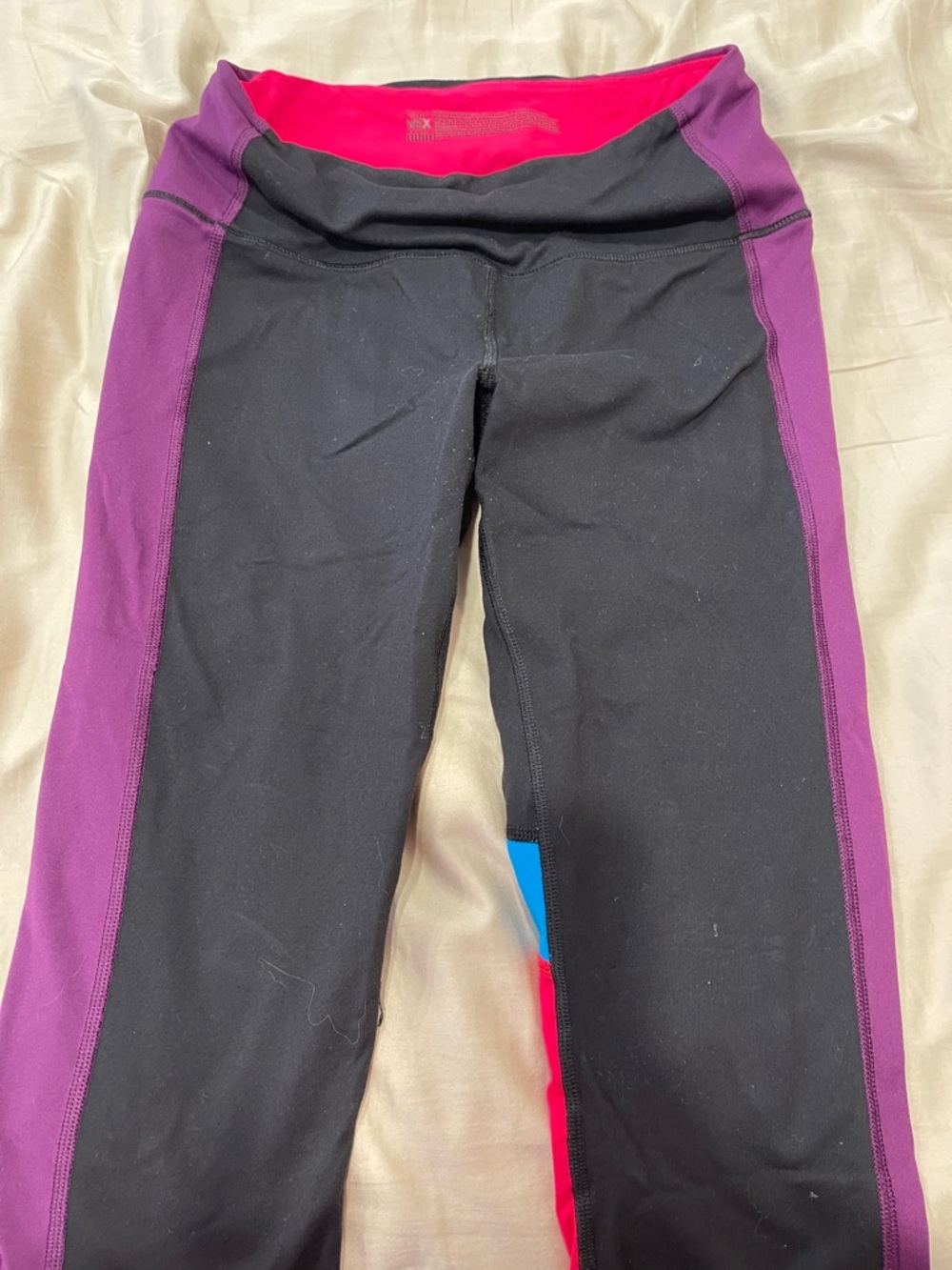 Girls' Black crop legging  with Purple Side Panels and Pink Waistband